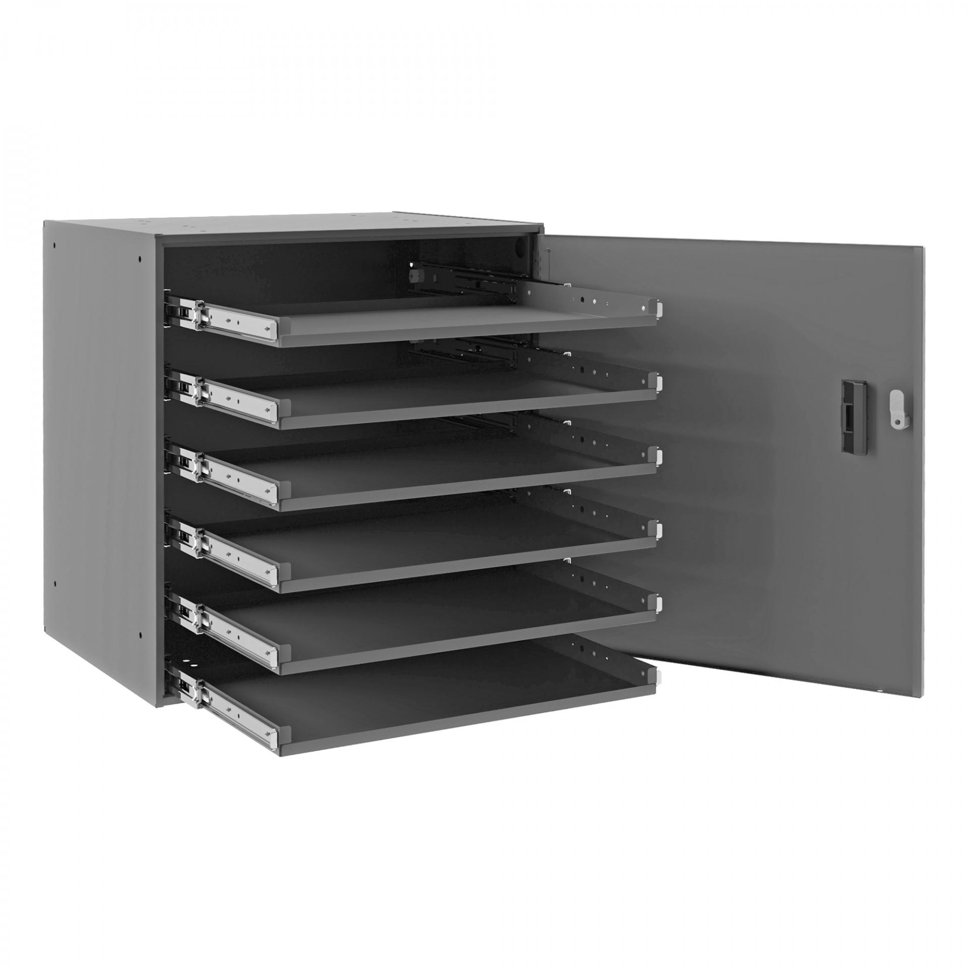 Large Bearing Slide Rack, 6 Compartment Boxes, Locking Door, Heavy Duty Steel, Gray